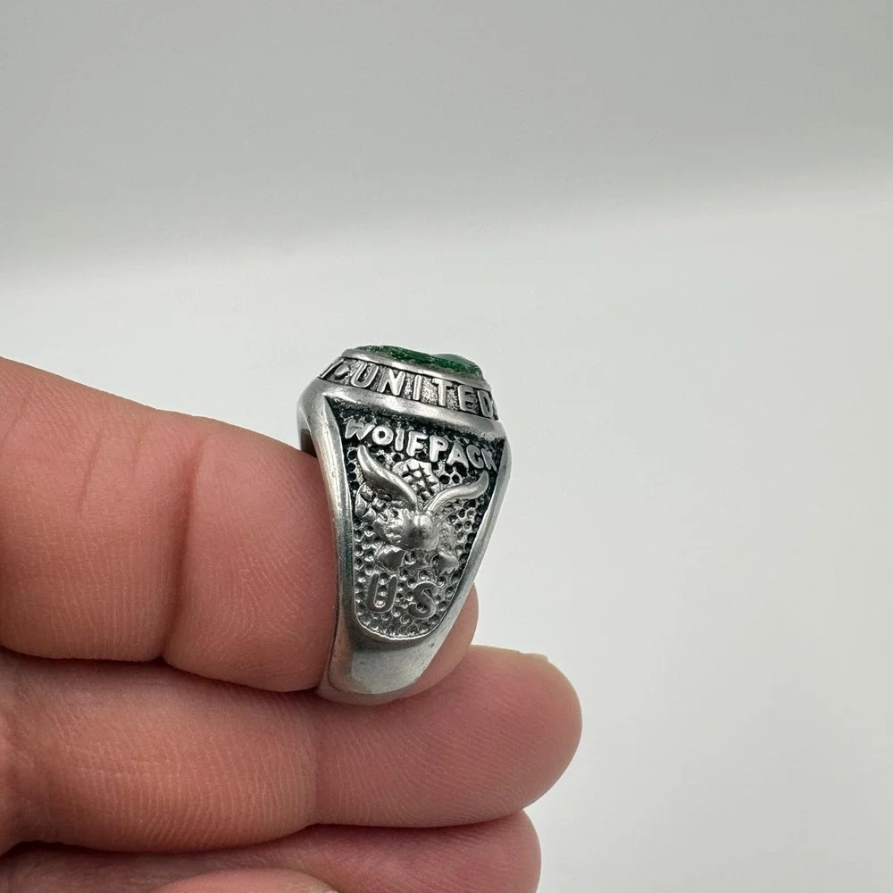 Stainless Steel United States Army Wolfpack Signet Ring Mens Size 10 Green Stone